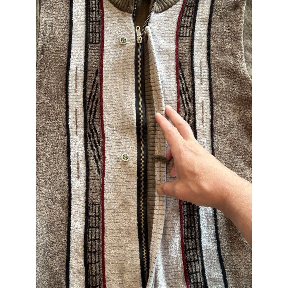 Vtg Domex Geometric Knit Full Zip Sweater Jacket Mock Neck Brown Olive Size 40 - Picture 3 of 8